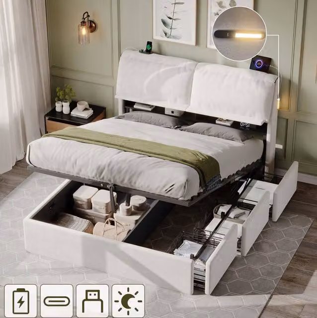 STILVORA King Size Ottoman Bed with Storage, USB Charging Port and LED Lighting in Cream Velvet Fabric, W/D/H: 180 x 200 cm – 1