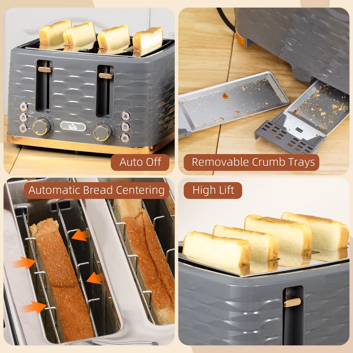 HOMCOM 4 Slice Toaster in Grey with 1600W Power and 7 Browning Levels – 5
