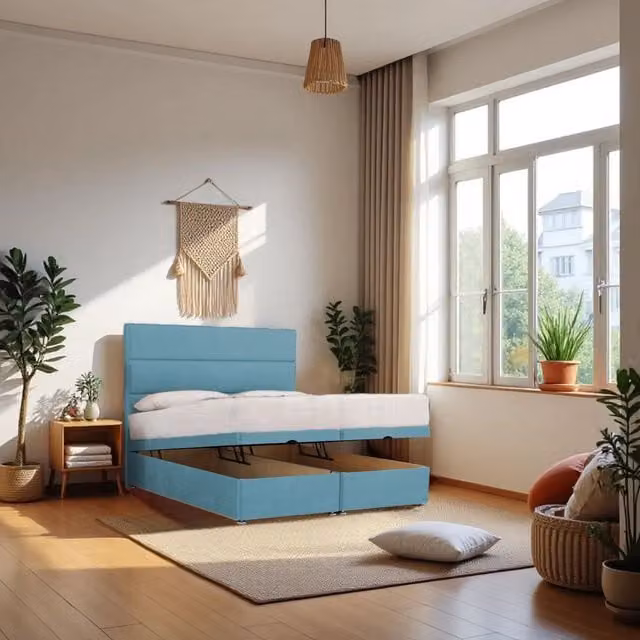 Knight Sleep York End Opening Ottoman Bed with Orthopaedic Hybrid Mattress and 24 inch Headboard in Light Blue, Small Single