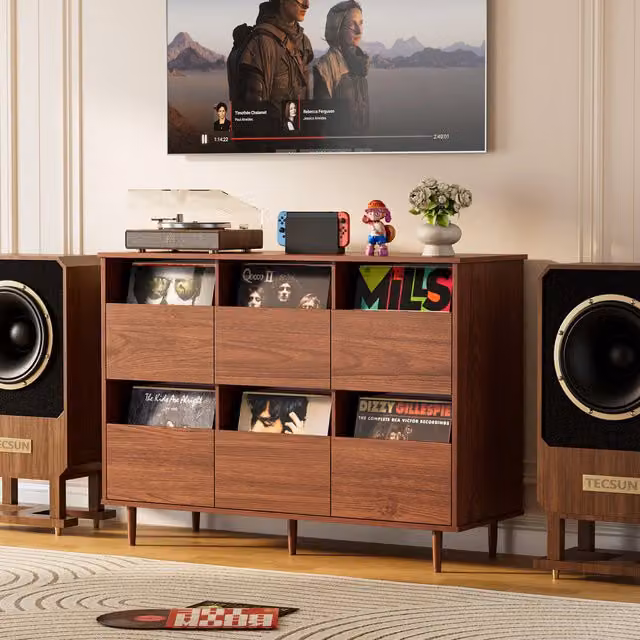 BROTTAR Brown Mid-Century Vinyl Record Storage Cabinet and Record Player Stand