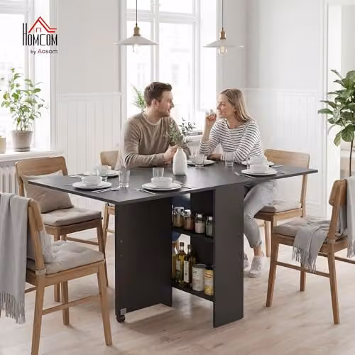HOMCOM Black Butterfly Leaf Folding Dining Table with Drop Leaf Top – 8