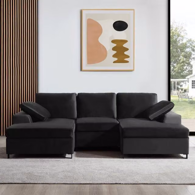 Daniel U-Shaped Sofa in Black Velvet with Scatter Cushions, W: 257 cm, D: 160 cm, H: 82 cm
