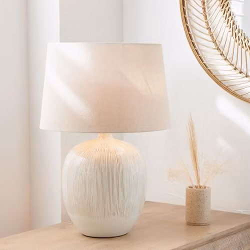 Pacific Lifestyle Ribbed Ceramic Table Lamp in Cream with Fabric Shade