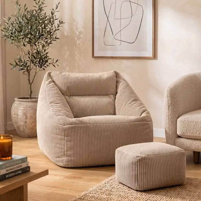 icon Natalia Cord Bean Bag Chair and Footstool Bundle in Beige – 1