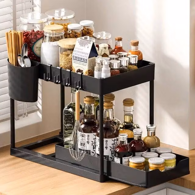 VOGREX 2-Tier Sliding Under Sink Kitchen Organiser in Black – 1