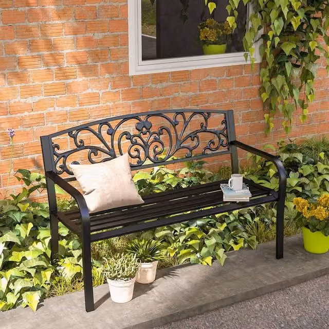 OUTSUNNY Metal 2 Seater Garden Bench in Black