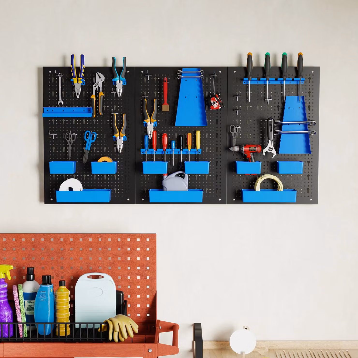 Costway Pegboard Wall Organizer with 9 Bins and Hammer Racks, Blue, W/D/H: 120 x 60 x 35 cm – 6