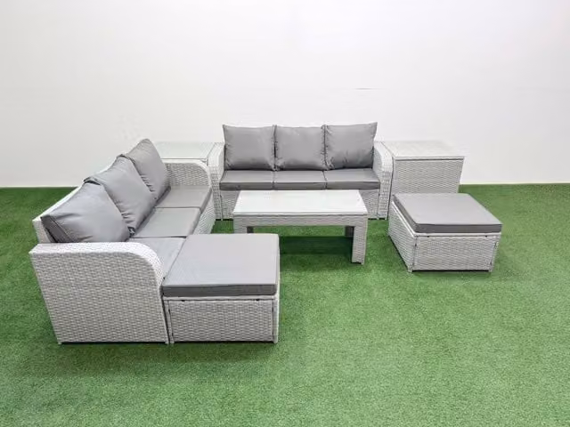 Fimous 8 Seater Grey Wicker Rattan Garden Furniture Set with High Back Lounge Sofa, Oblong Coffee Table, 2 Footstools and 2 Side Tables