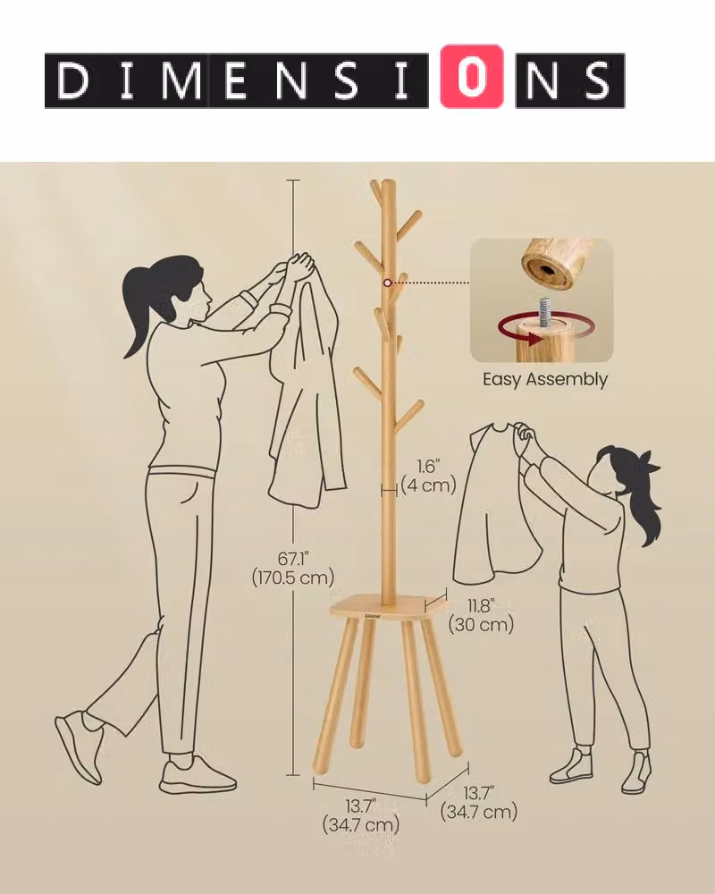 Modcraft Hall Tree Coat Rack Stand with 8 Hooks and Storage Bench in White – 2