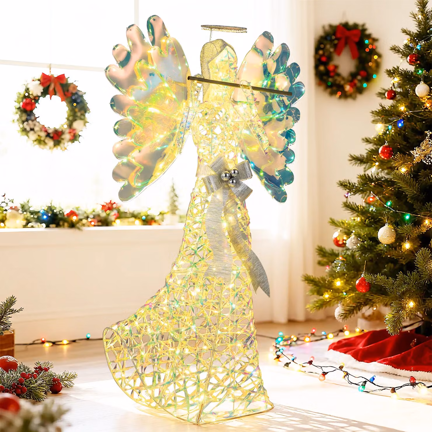 Costway 5.2 FT Lighted 3D Glittering Halo Angel Christmas Decoration in White and Multicolour – 3