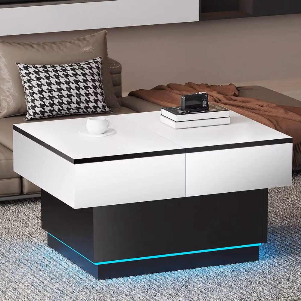Korvixa Modern Extendable White Glossy Coffee Table with LED and Hidden Storage, W: 100 cm, D: 100 cm – 3