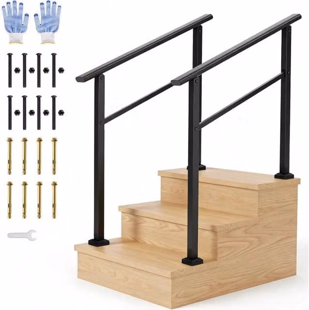 VOGREX Non-Slip Outdoor Stair Handrail Kit for 3 Steps in Matte Black Aluminium