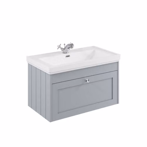 Balterley Wall Hung Single Drawer Vanity Unit with Rectangular Basin and Tap Hole, Grey, W: 80 cm, D: 45.3 cm, H: 43.1 cm – 1