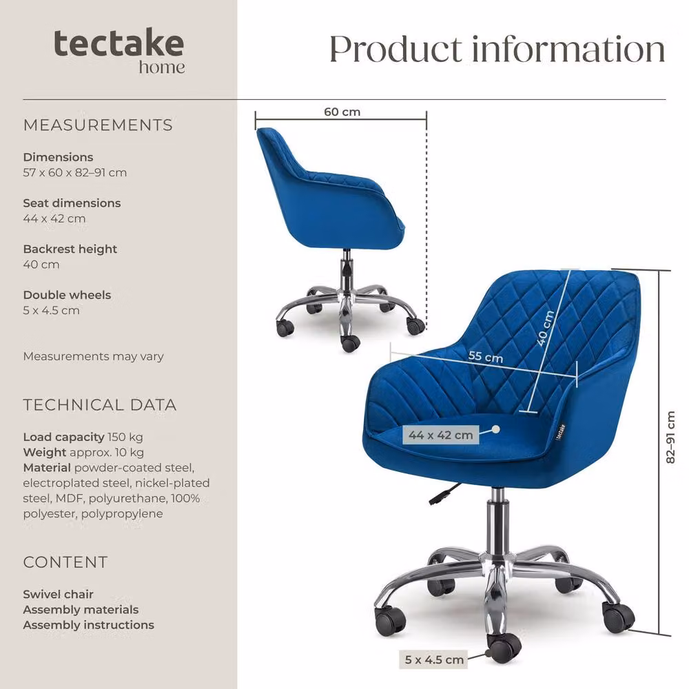 TECTAKE Nancy Modern Blue Velvet Upholstered Swivel Task Chair with Armrests and Castors – 6