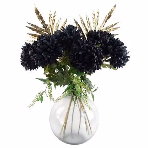 Leaf Design Black Chrysanthemum Artificial Flower Bundle with Round Glass Ball Vase in Grey, Green and Gold, Height: 95 cm – 1