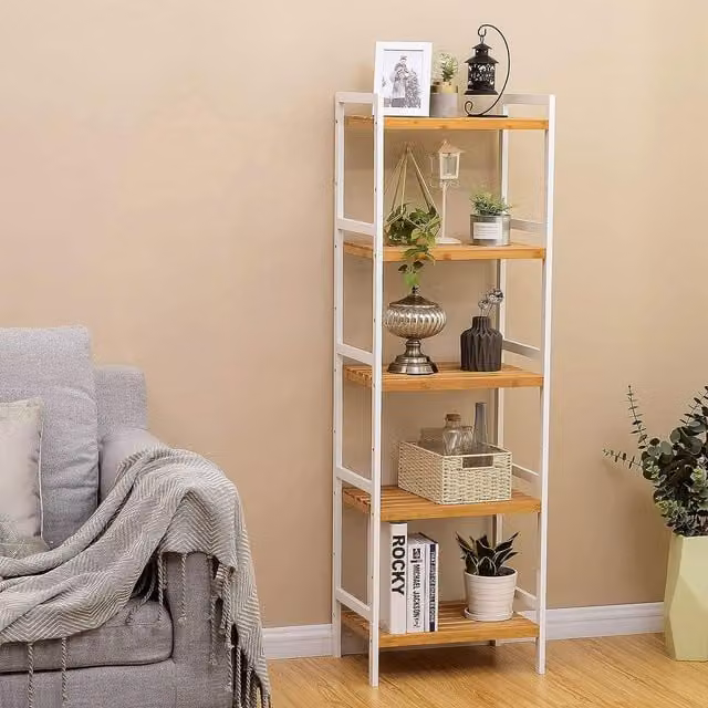 SONGMICS 5 Tier Bamboo Storage Rack with Adjustable Shelves in Natural Beige – 1