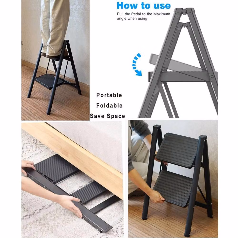 VOGREX 2-Step Folding Step Ladder in Black Carbon Steel – 4