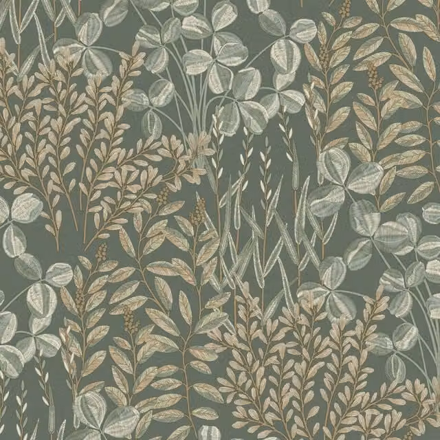 Grandeco Inia Stitched Embroidery Foliage Textured Wallpaper in Deep Sage, Gold, Beige and Green