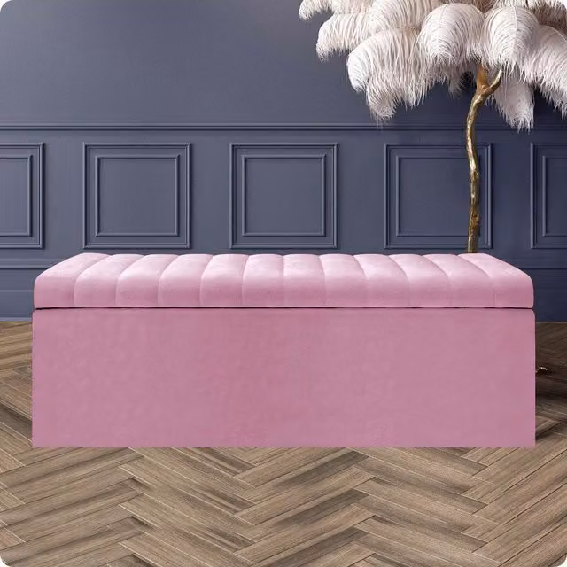 R&M Furnishers Safar Ottoman Storage Box, Pink Striped Plush Velvet Upholstered Blanket Chest and End of Bed Bench