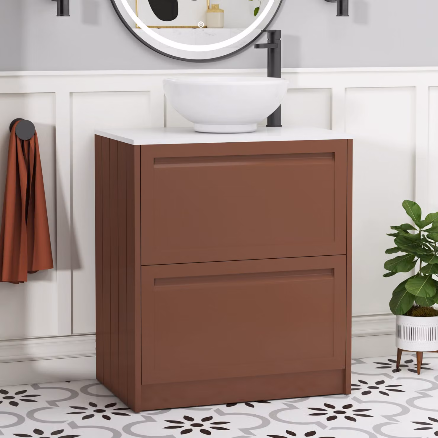 Royal Bathrooms Elmore Terracotta Clay Floor Standing Vanity Unit with Breeze Basin and White Worktop