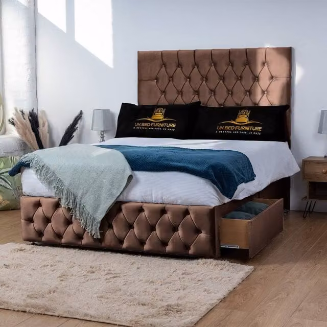 UK Bed Furniture Monaco Super King Divan Bed with 2 Drawers and 26 Inch Headboard in Brown Velvet