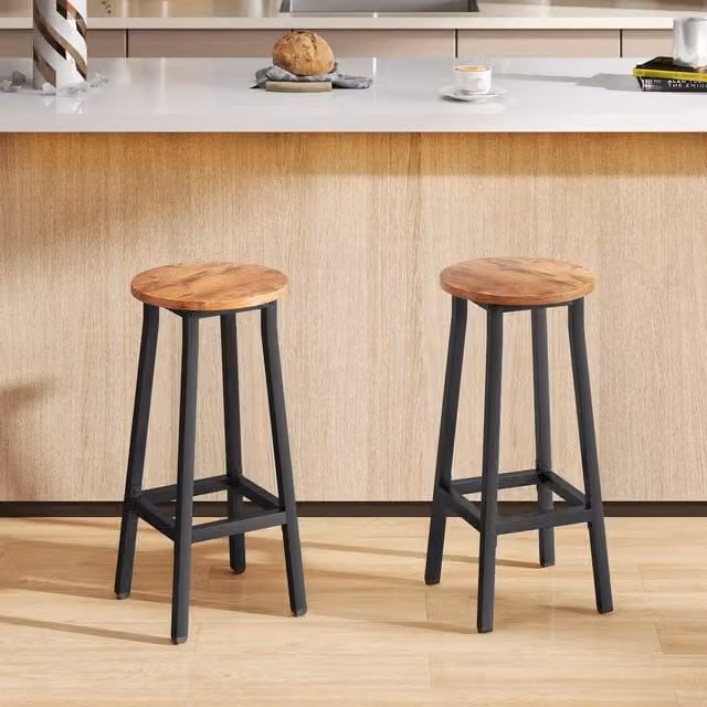 HOMCOM Set of 2 Industrial Round Bar Stools with Footrest in Rustic Brown and Black