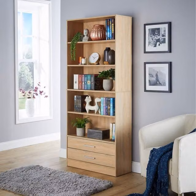 Home Source Clara Tall Wide 2 Drawer Storage Bookcase in Oak Effect