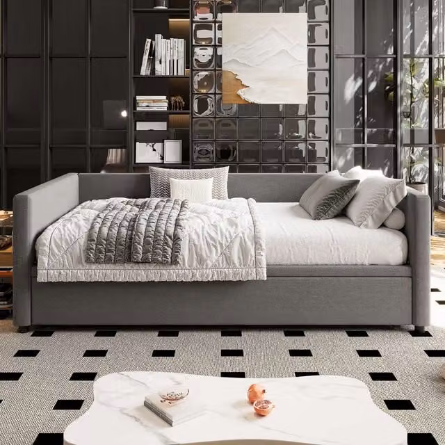 Aosom.UK Grey Upholstered Single Day Bed with Pull-Out Bottom Bed, Converts to Double Floor Bed, W/D/H: 191 x 203 x 73 cm