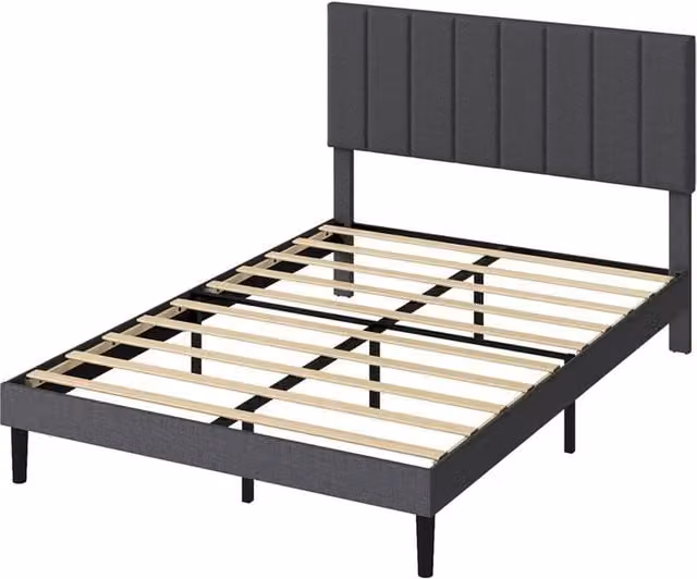 Nordara Double Size Linen Fabric Upholstered Bed Frame with Foam Headboard in Dark Grey, W/D/H: 140 x 200 cm – 1