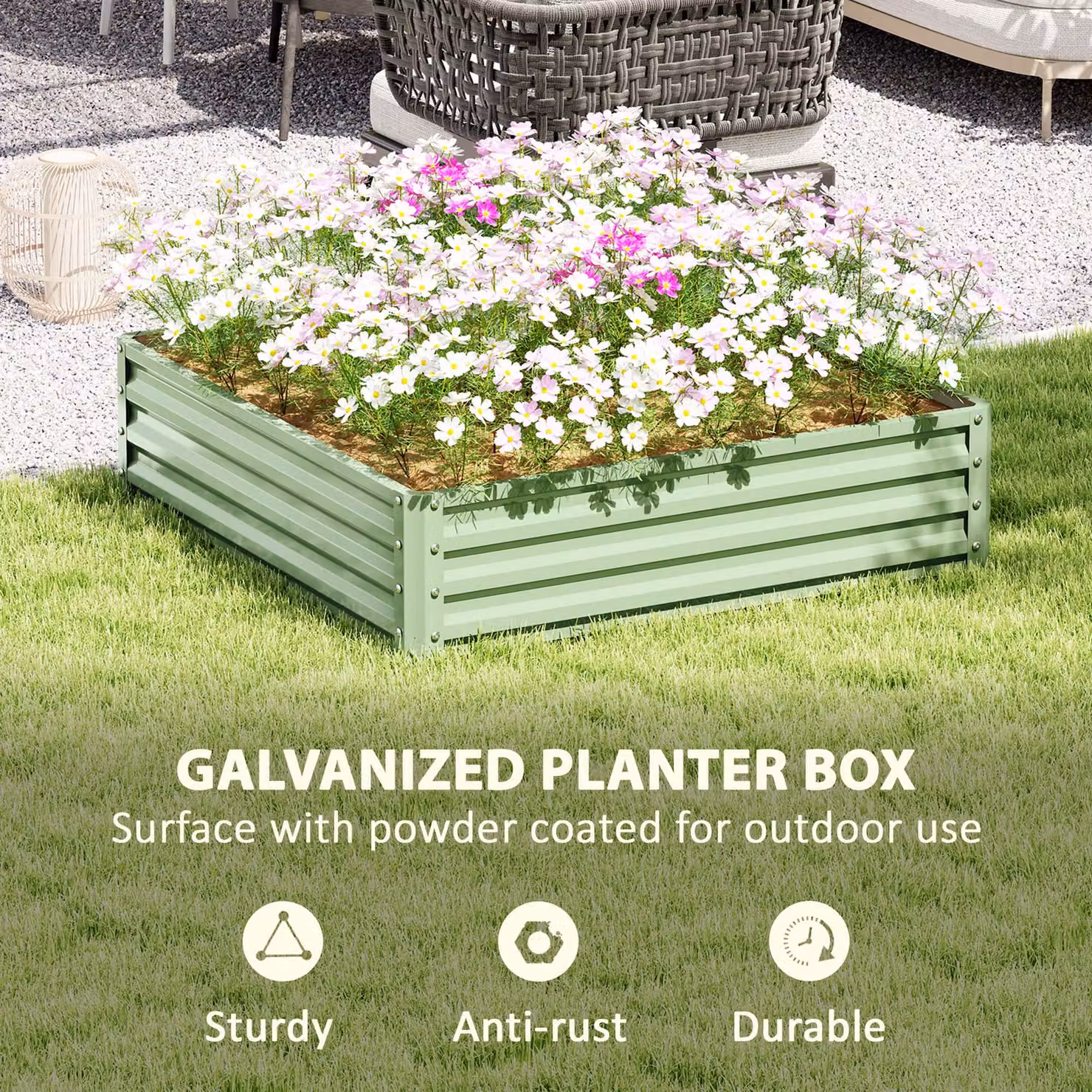 Outsunny Square Raised Garden Bed with Galvanised Steel Frame, Light Green, W/D/H: 120 x 120 x 30 cm – 4