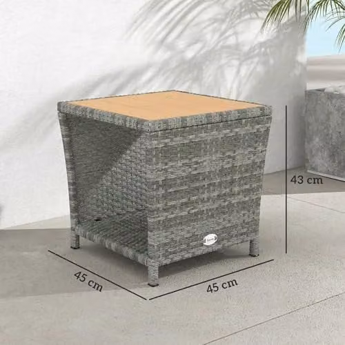 Outsunny 2-Tier PE Rattan Side Table with Storage Shelf in Grey – 3
