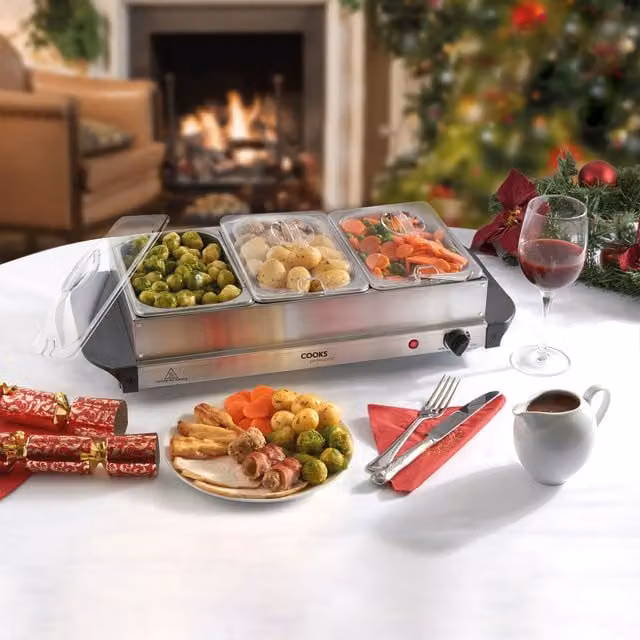 Cooks Professional Electric 3 Section Buffet Warmer Tray in Silver with Glass and Stainless Steel Lid