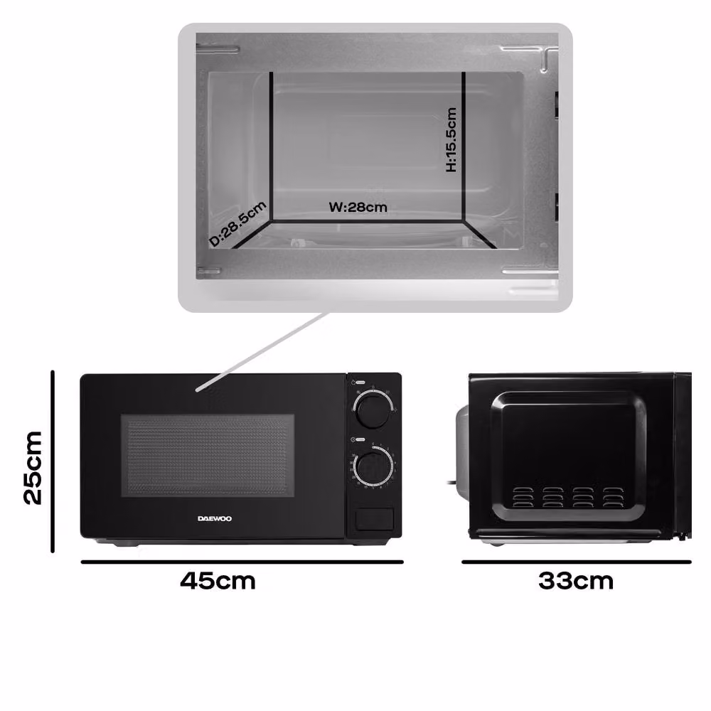 Daewoo 20L 700W Manual Solo Microwave Oven with Defrost, Black – 4