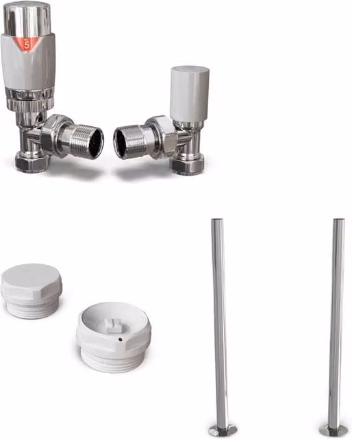 Talus Flair Thermostatic Radiator Valve and Installation Kit with Thermostat Head, Angle, White and Silver
