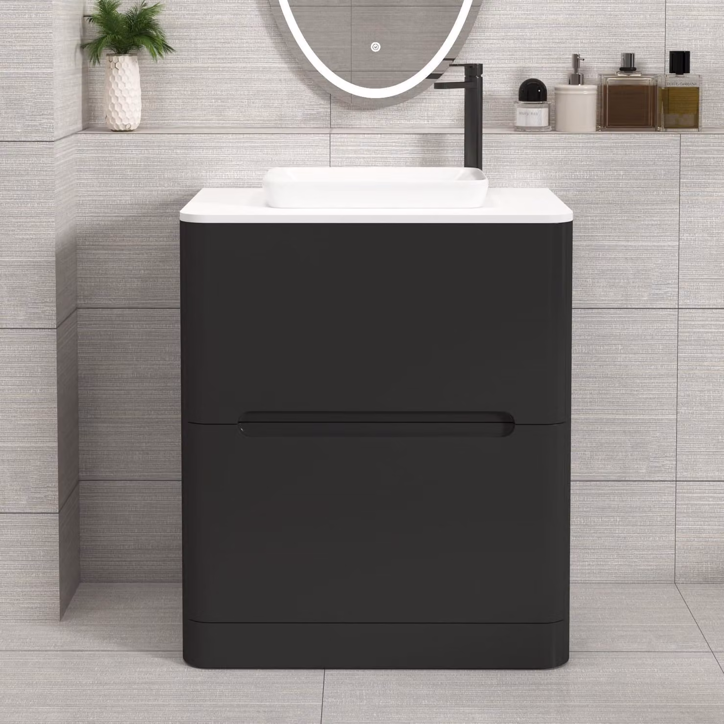 Royal Bathrooms Venice 700mm Matt Nocturne Black Floor Standing 2 Drawer Vanity Unit with Plain White Worktop and Qubix Basin