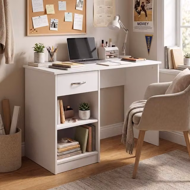 FWStyle Matt White Dressing Table and Home Office Desk with 1 Drawer and 2 Shelves