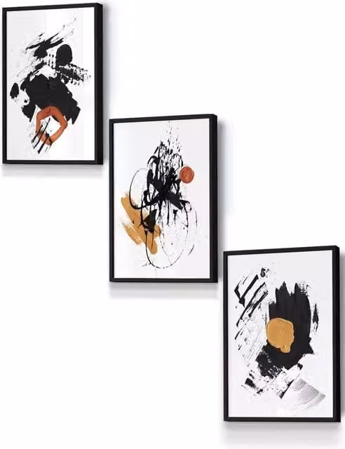 ARTZE Abstract Modern Framed Wall Art with Black, Yellow, Orange and White Oil Strokes, W: 33 cm, H: 45 cm, D: 0.2 cm