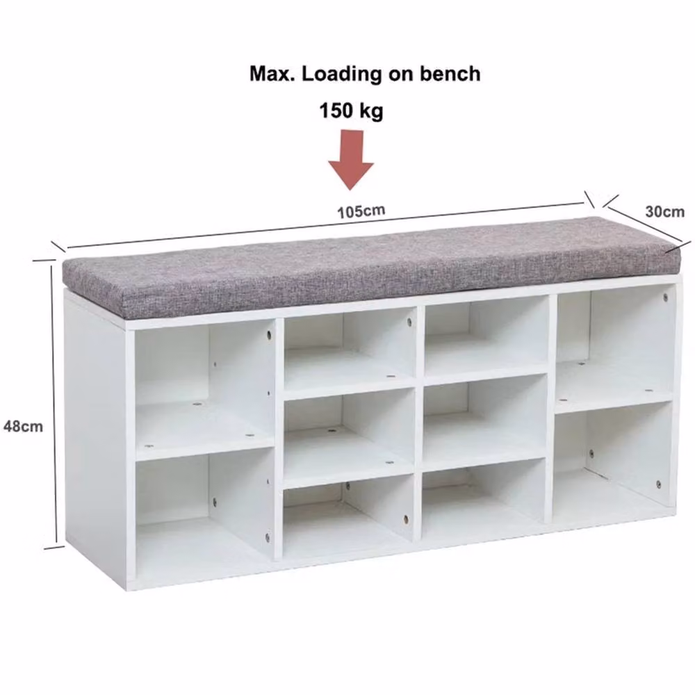 VOGREX Grey and White Wooden Shoe Bench with Cushioned Fabric Seat – 2