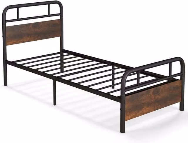 Kelvenix Single Bed Frame with Headboard and Footboard in Black Metal and Wood, W/D/H: 90 x 200 cm