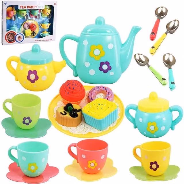 The Magic Toy Shop Kids Flower Tea Set 20 Piece Party Play Set in Green and Multicolour