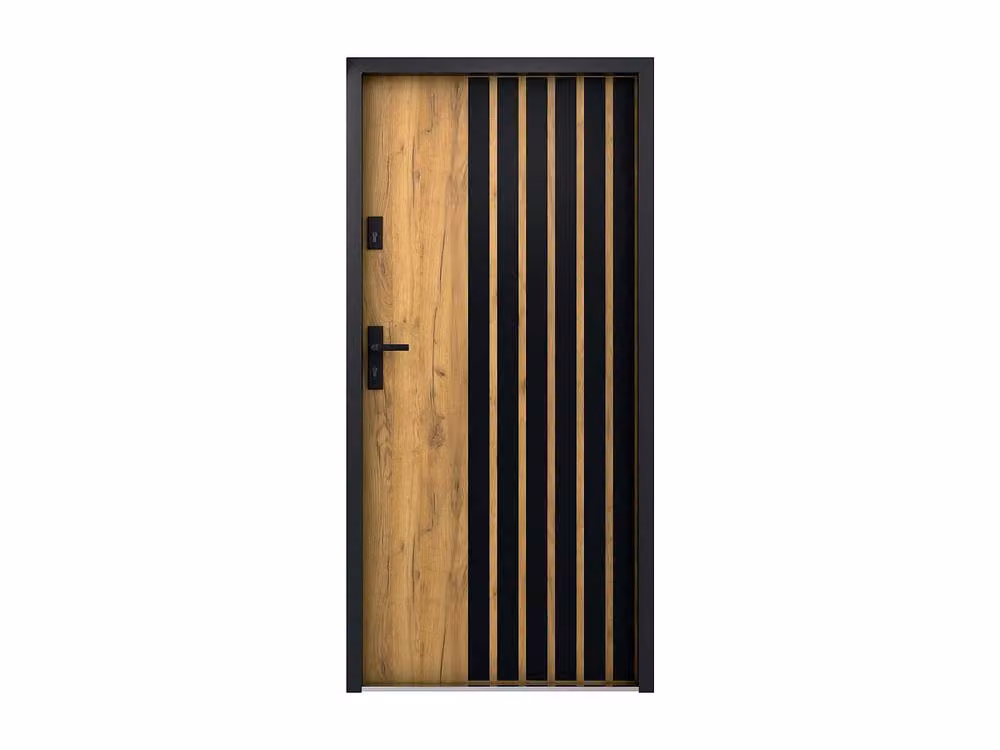 Vente-unique Modern Full Steel Front Door in Light Oak Effect with Black Stripes, H: 207 cm, W: 100 cm – 2
