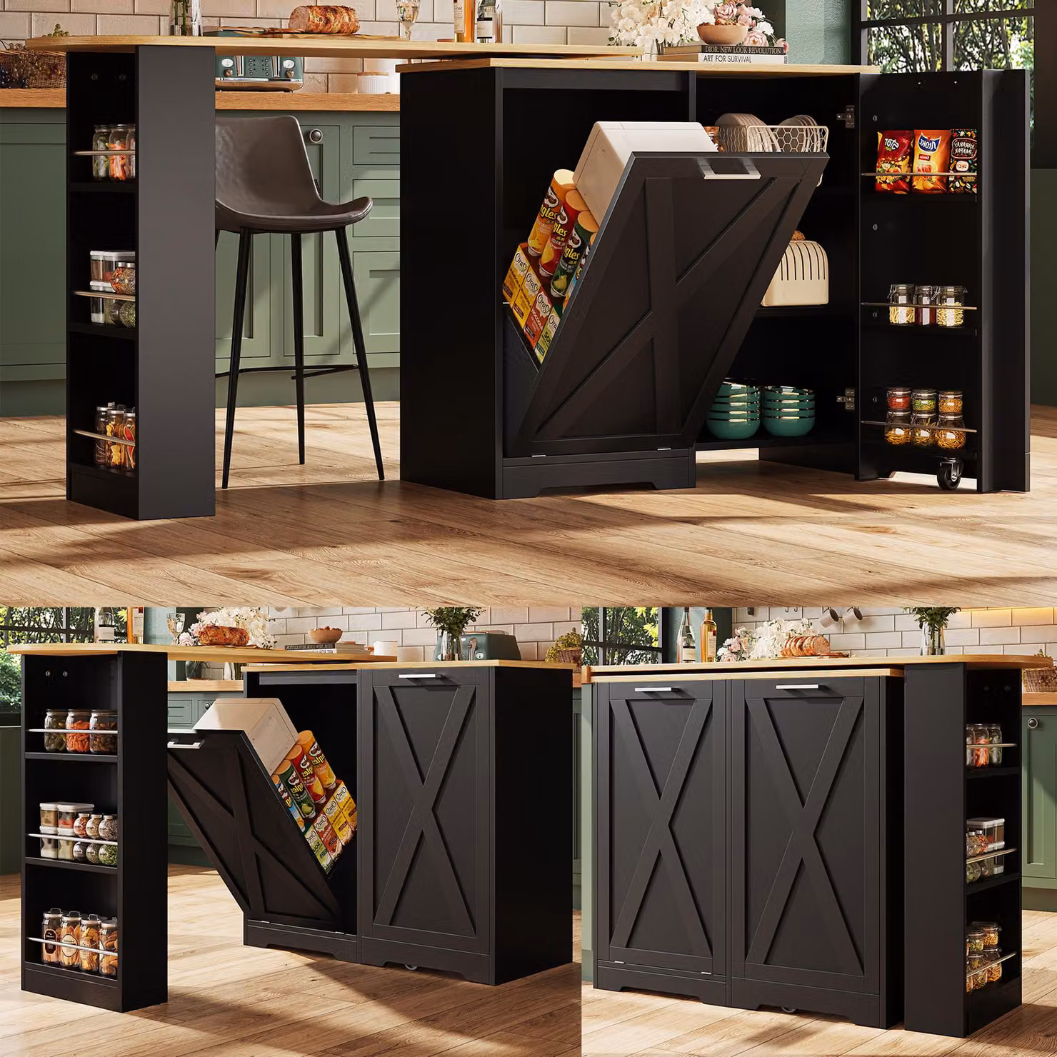 Aosom UK 360 Rotating Kitchen Island with Folding 3D Textured Doors and Side Shelves in Black, W: 138 cm, D: 38 cm, H: 105.5 cm – 7