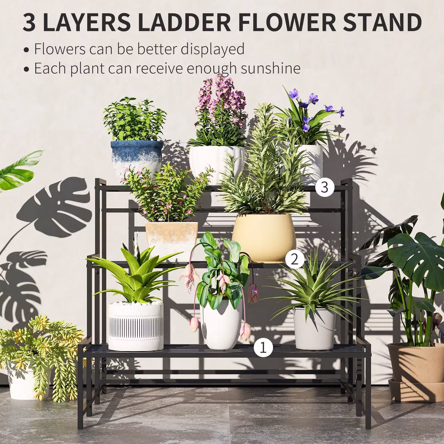 Outsunny 3-Tier Metal Ladder Plant Stand, Modern Freestanding Garden Shelf, Black, H 75 x W 70 x D 66 cm – 7