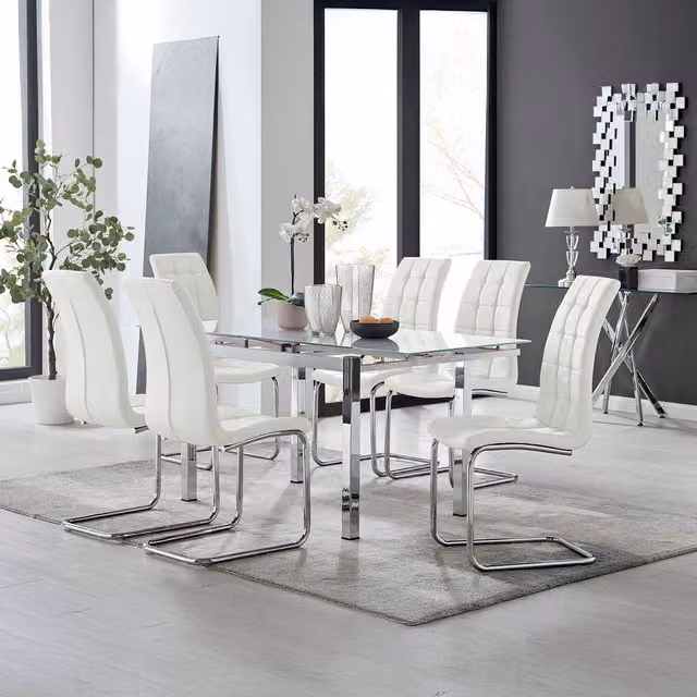 Furniturebox Enna White Glossy Glass Extending Rectangular Dining Table and 6 Murano Chairs