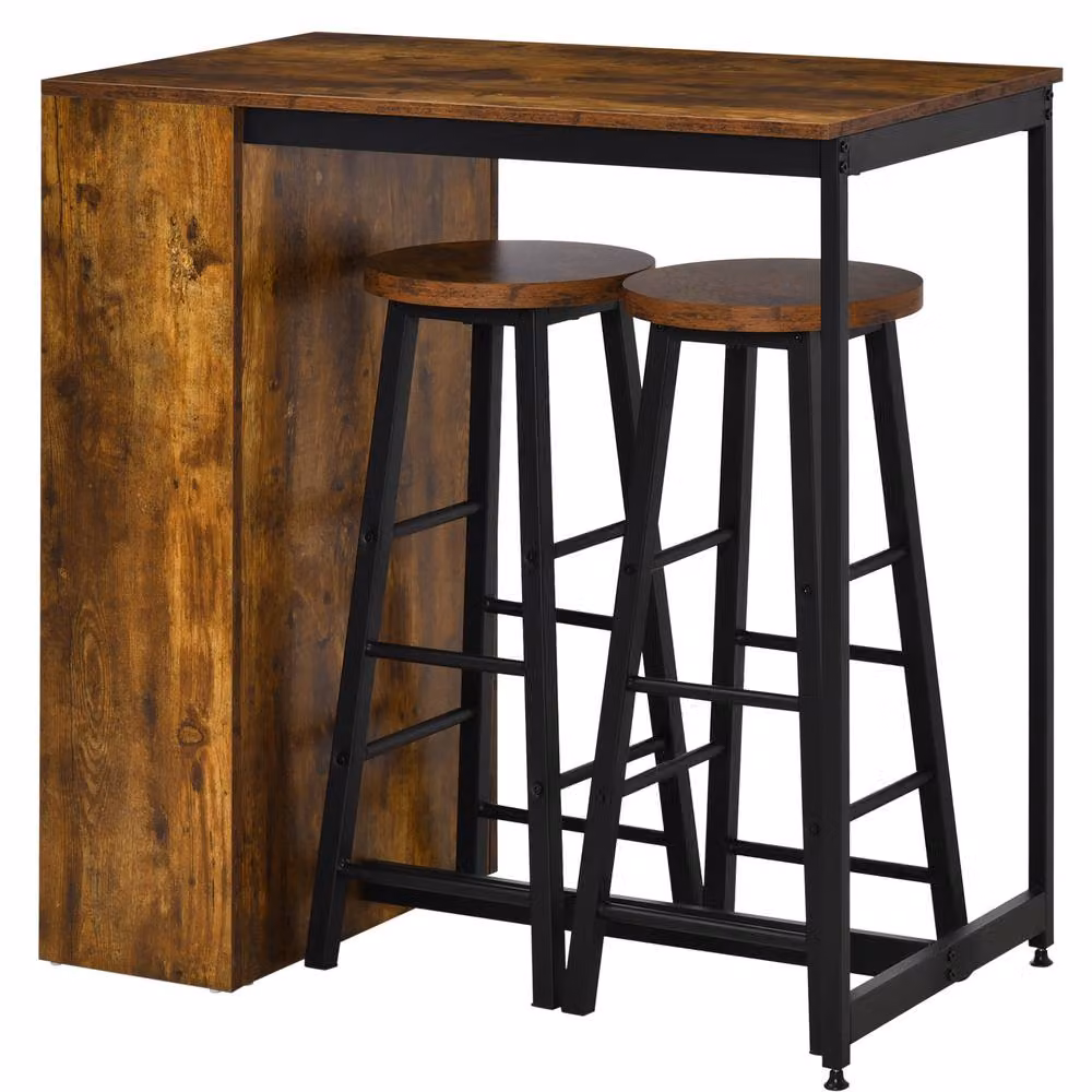 STILVORA Bar Table Set with Storage Shelf in Rustic Brown and Black – 4