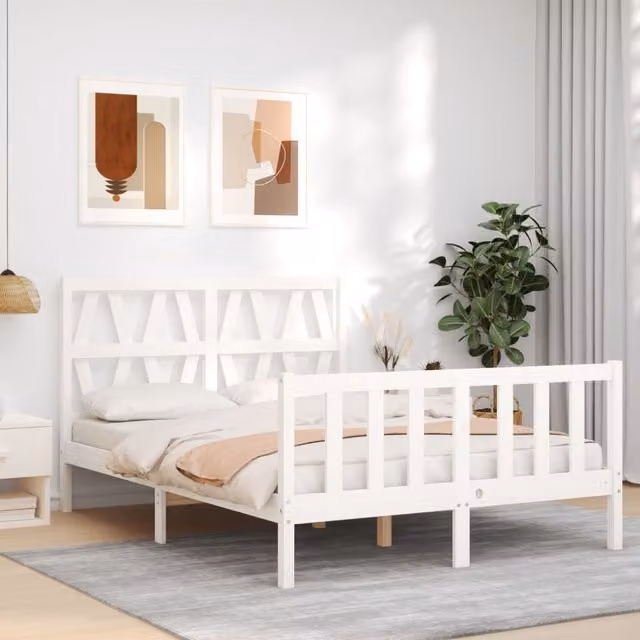 Berkfield Home Solid Wood Bed Frame with Headboard in White, W/D/H: 120 x 200 cm – 1