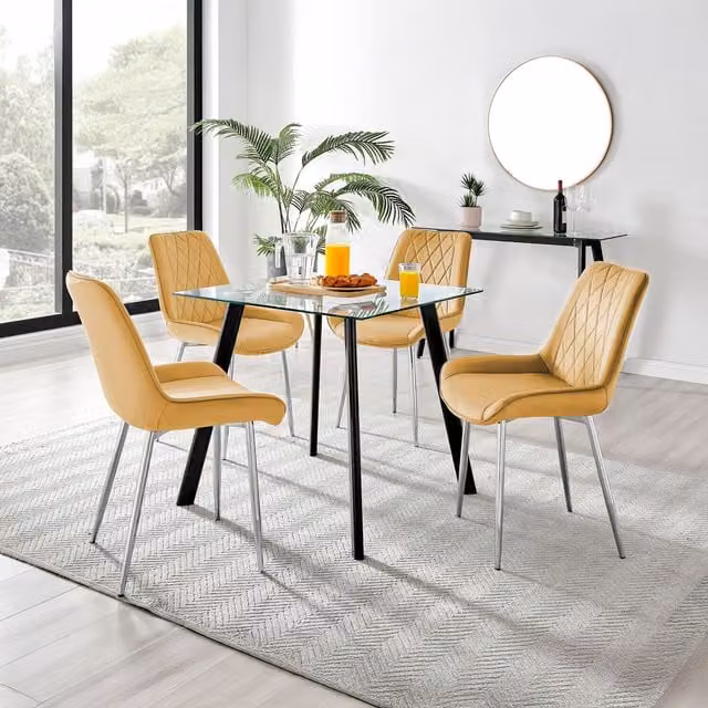 FurnitureboxUK Seattle Square Glass Dining Table with 4 Pesaro Silver Chairs in Mustard and Black