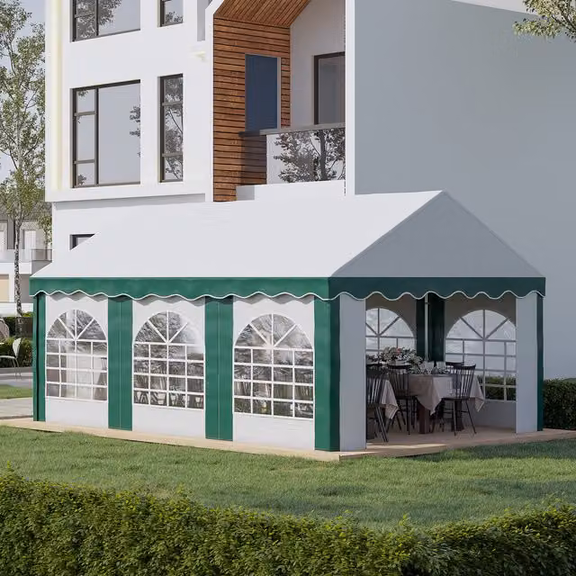 Outsunny Garden Gazebo Marquee Party Tent with Sides, White and Green