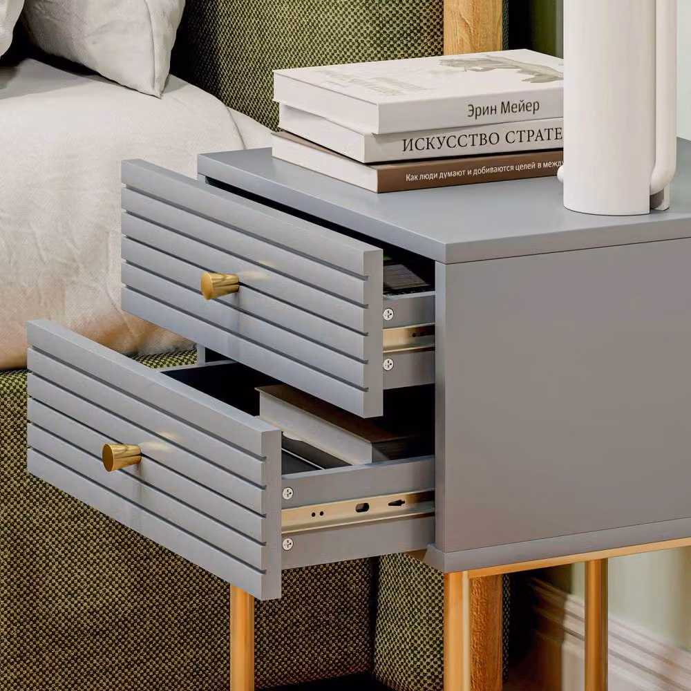 Wyld Haus Lika Set of 2 Grey and Gold Bedside Tables with Ribbed Drawers – 6