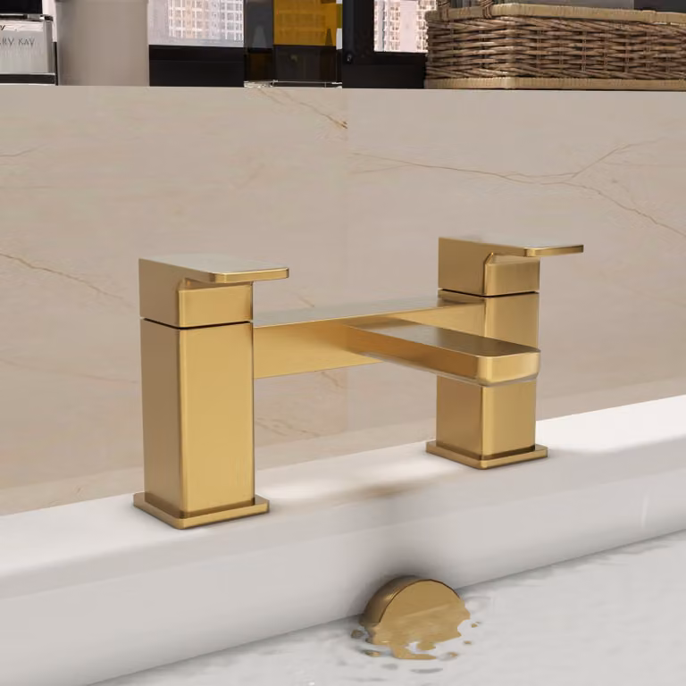 Windon Deck Mounted Bath Filler Tap with Two Handles in Brushed Brass